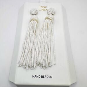 Pink Linen White Tassel Earrings NWT Seed Beads Dangle Jewelry Hand Beaded
